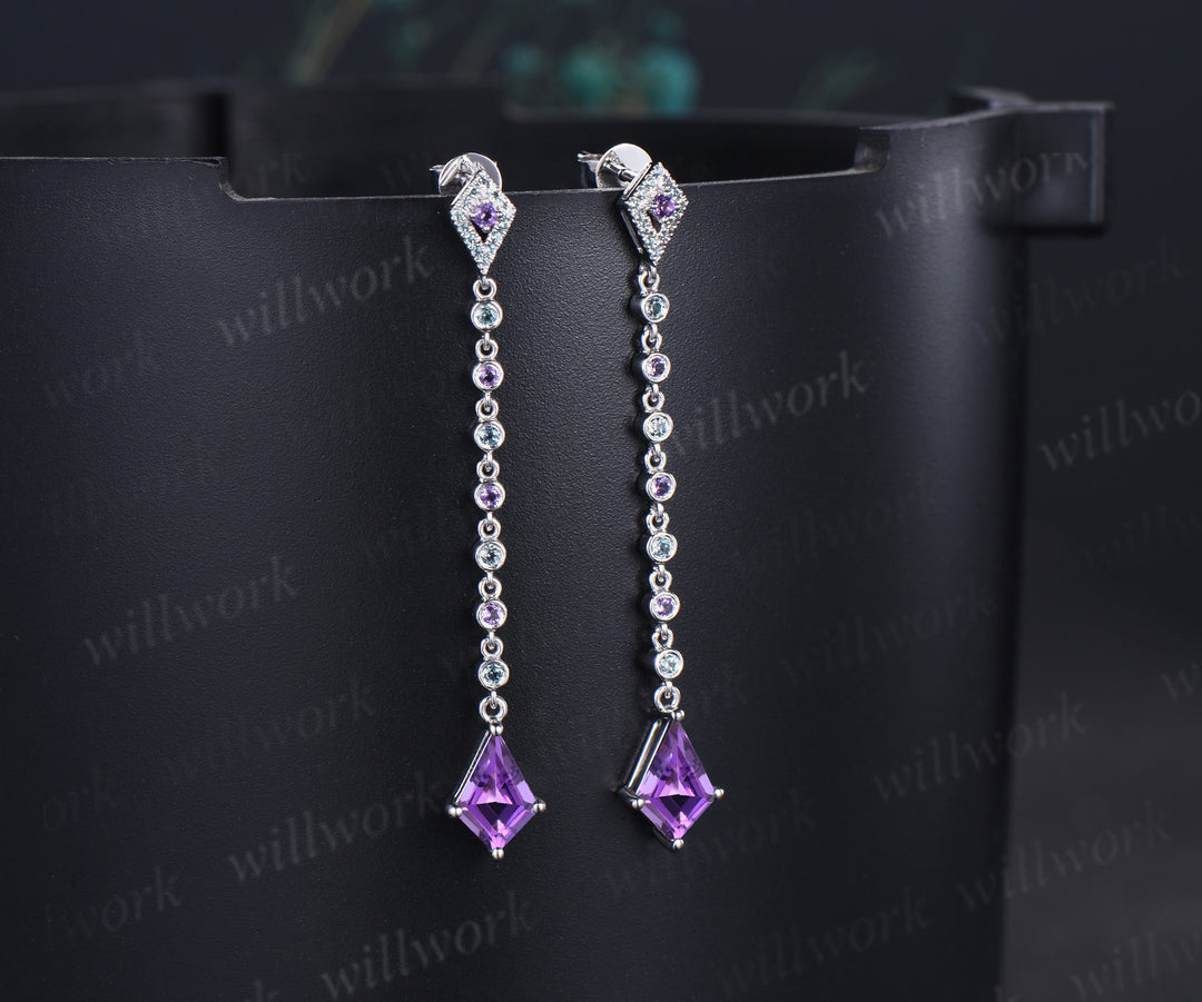 Kite cut amethyst drop earrings unique kite halo alexandrite amethyst dangle earrings for women