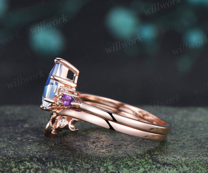 Kite cut natural moonstone ring set marquise amethyst diamonds promise ring celtic knot wedding band vintage bridal set