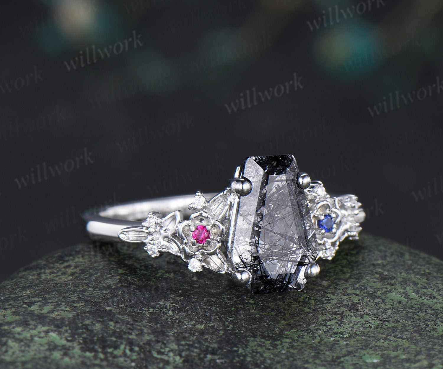 Gothic coffin cut black rutilated quartz engagement ring leaf