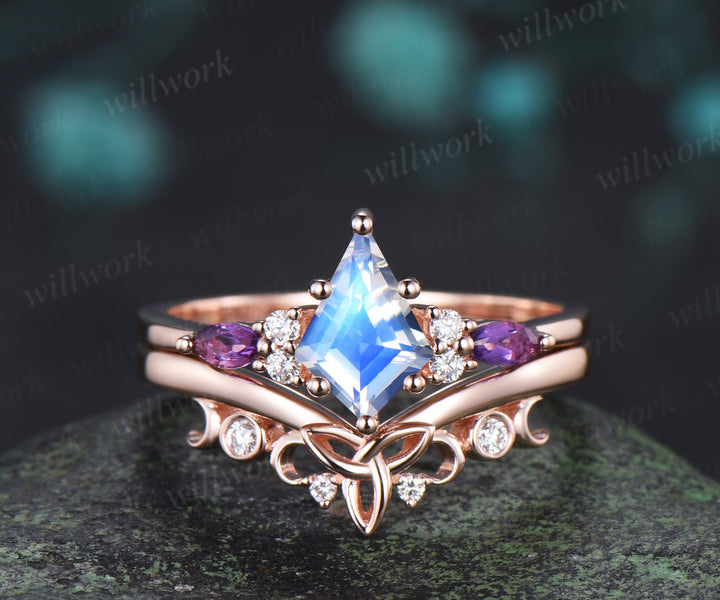 Kite cut natural moonstone ring set marquise amethyst diamonds promise ring celtic knot wedding band vintage bridal set