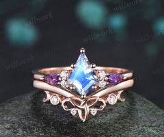 Kite cut natural moonstone ring set marquise amethyst diamonds promise ring celtic knot wedding band vintage bridal set