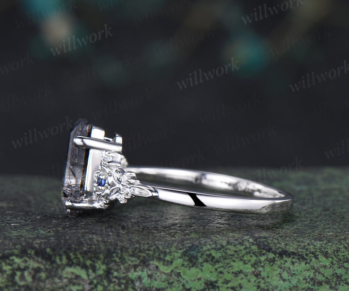 Gothic coffin cut black rutilated quartz engagement ring leaf floral ruby sapphire moissanite cluster ring unique gifts for her