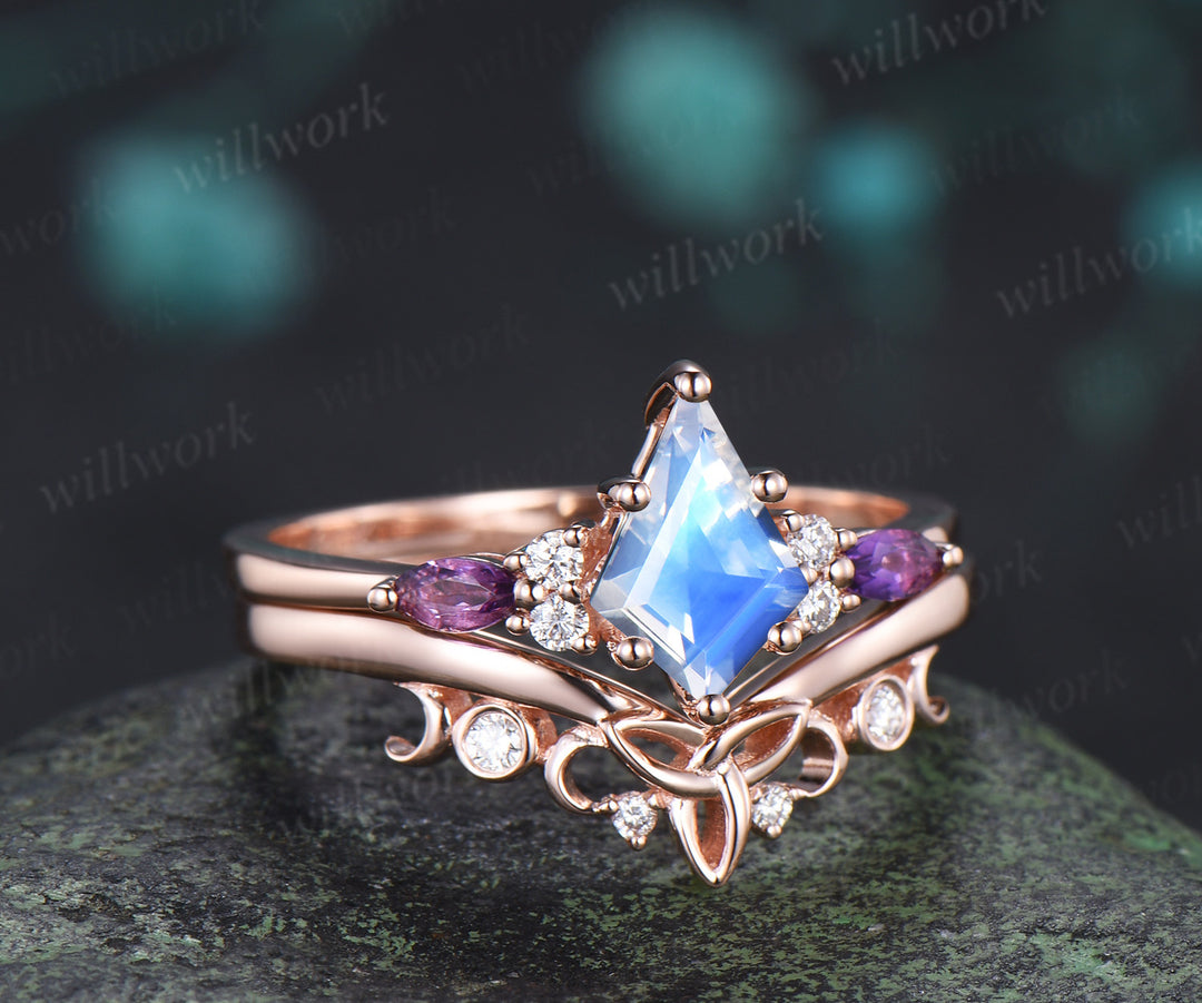 Kite cut natural moonstone ring set marquise amethyst diamonds promise ring celtic knot wedding band vintage bridal set