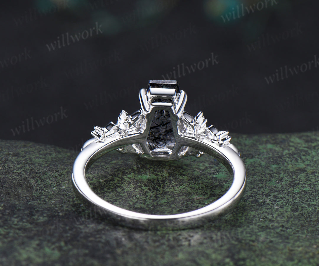 Gothic coffin cut black rutilated quartz engagement ring leaf floral ruby sapphire moissanite cluster ring unique gifts for her