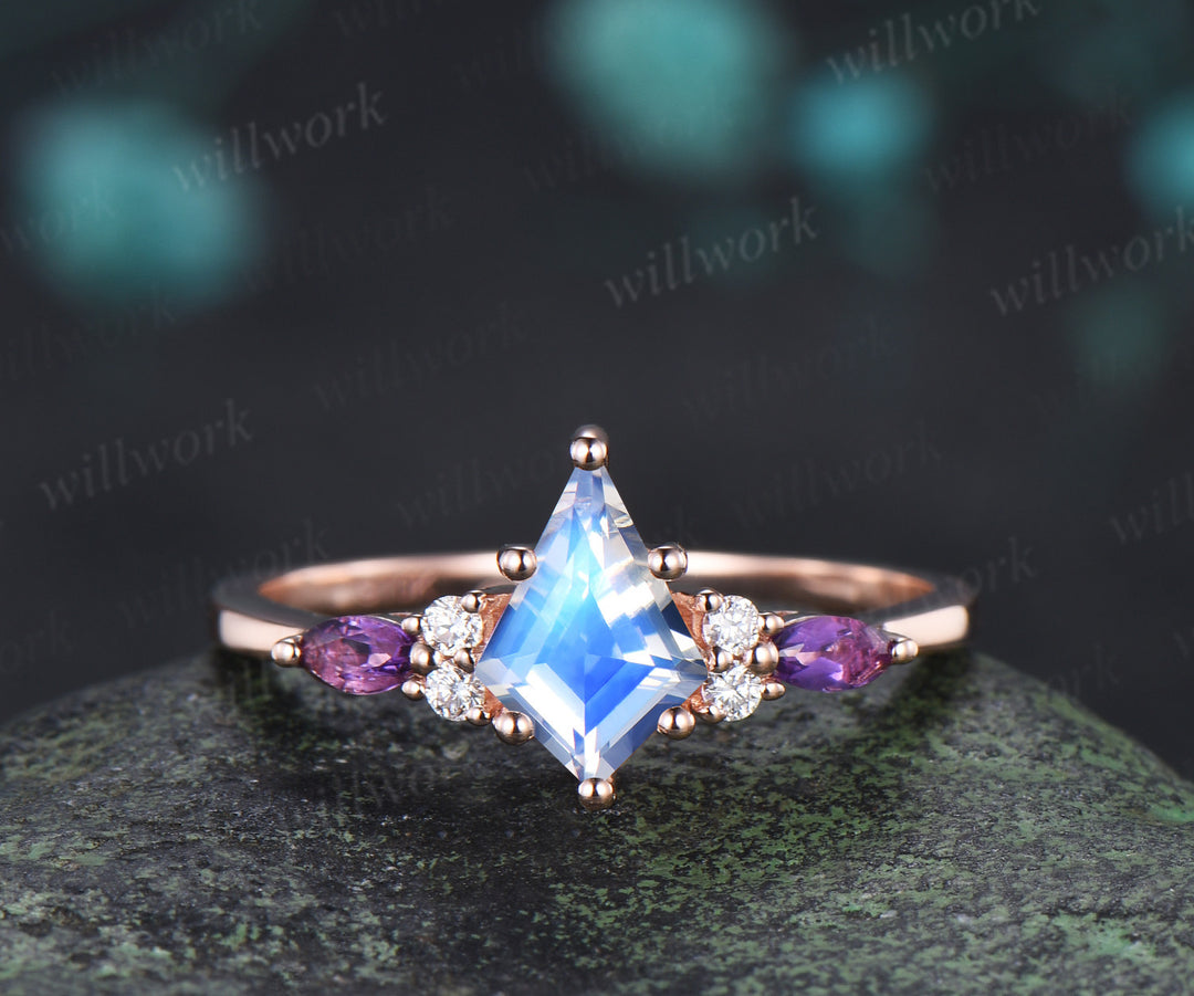 Kite cut natural moonstone ring set marquise amethyst diamonds promise ring celtic knot wedding band vintage bridal set