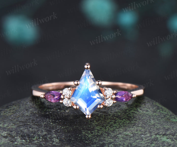 Kite cut natural moonstone ring set marquise amethyst diamonds promise ring celtic knot wedding band vintage bridal set
