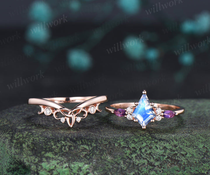 Kite cut natural moonstone ring set marquise amethyst diamonds promise ring celtic knot wedding band vintage bridal set
