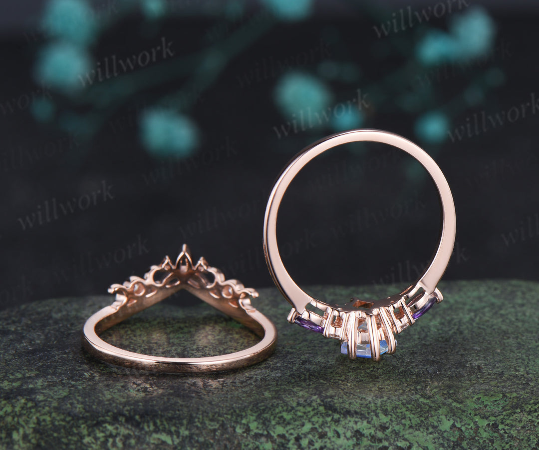 Kite cut natural moonstone ring set marquise amethyst diamonds promise ring celtic knot wedding band vintage bridal set