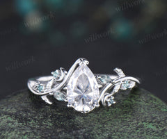 Pear cut moissanite engagement ring leaf inspired alexandrite ring teardrop moissanite wedding ring