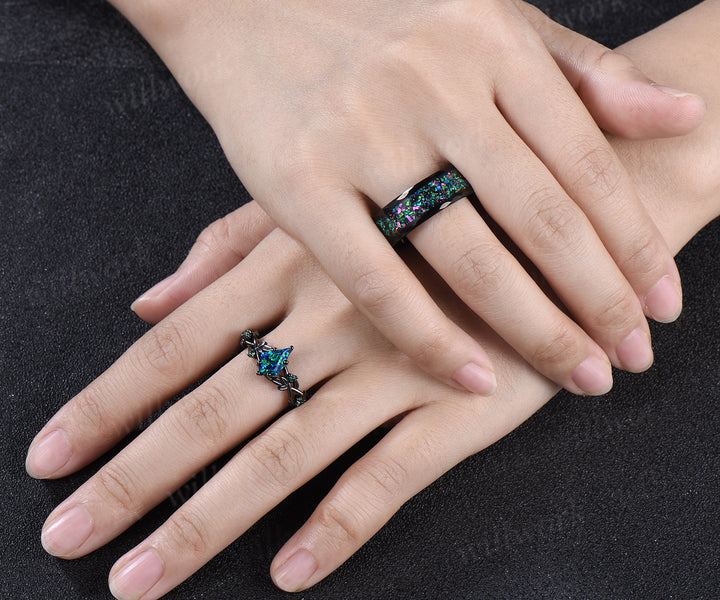 Kite Cut Black Opal Twig Leaf Ring & Tungsten Black Opal Inlay Hammered Mens Ring His & Her Couple Rings