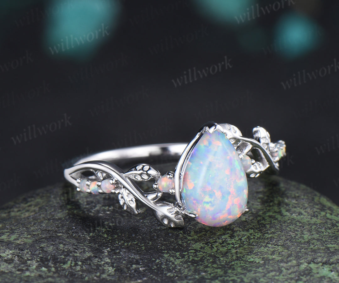 Pear cut opal engagement ring vintage leaf twig opal ring nature inspired wedding ring gifts for her