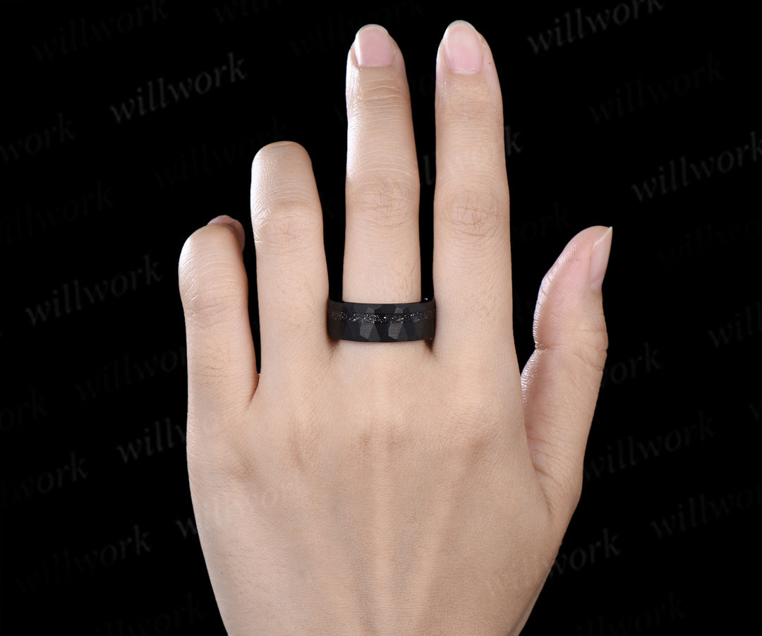 Kite Cut Black Rutilated Quartz Engagement Ring Set & Black Tungsten Hammered Mens Ring His & Her Couple Rings