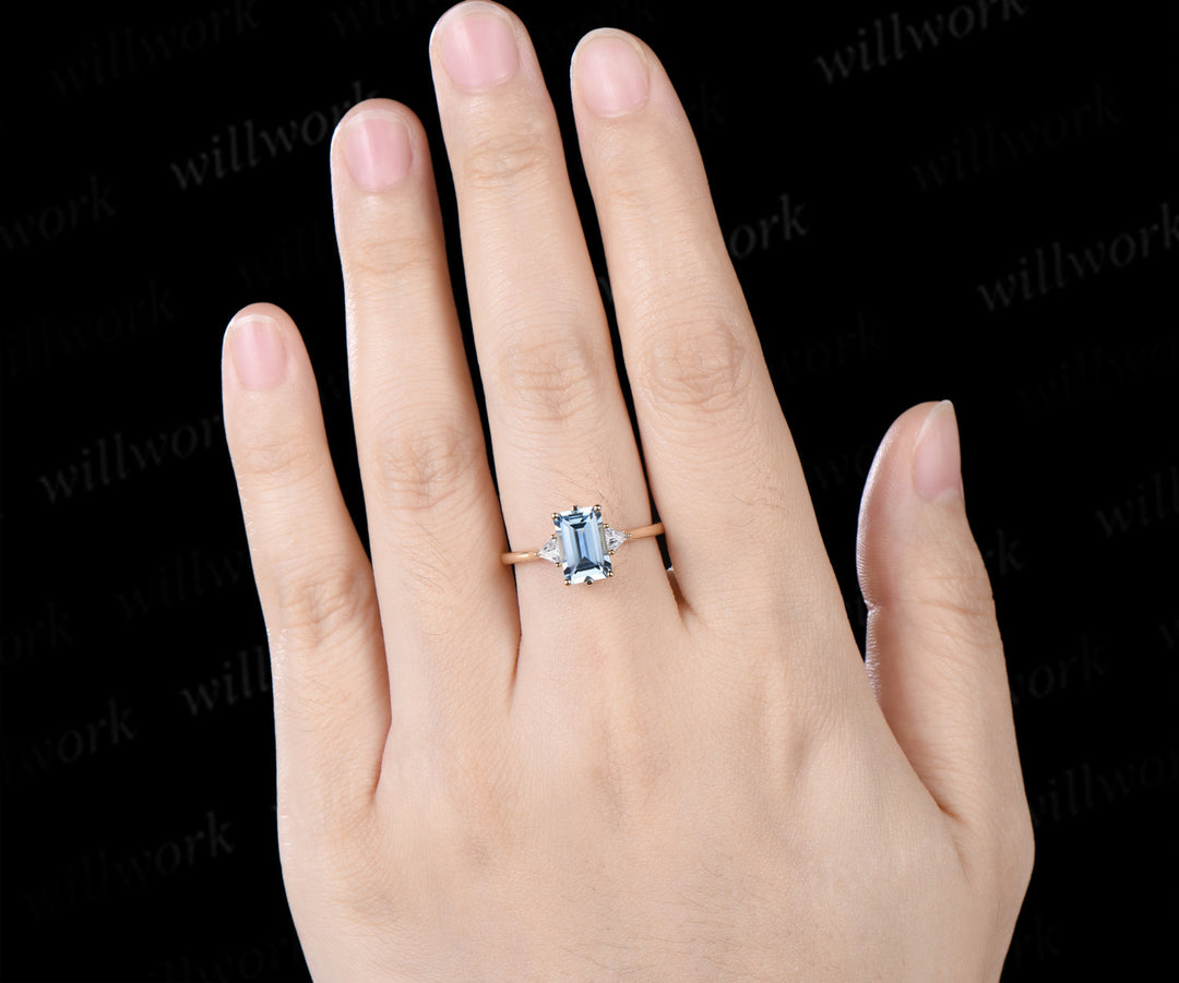 Emerald Cut Aquamarine Engagement Ring Minimalist 6 Prong Three Stone Trilliant Cut Moissanite Ring March Birthstone Jewelry Gifts