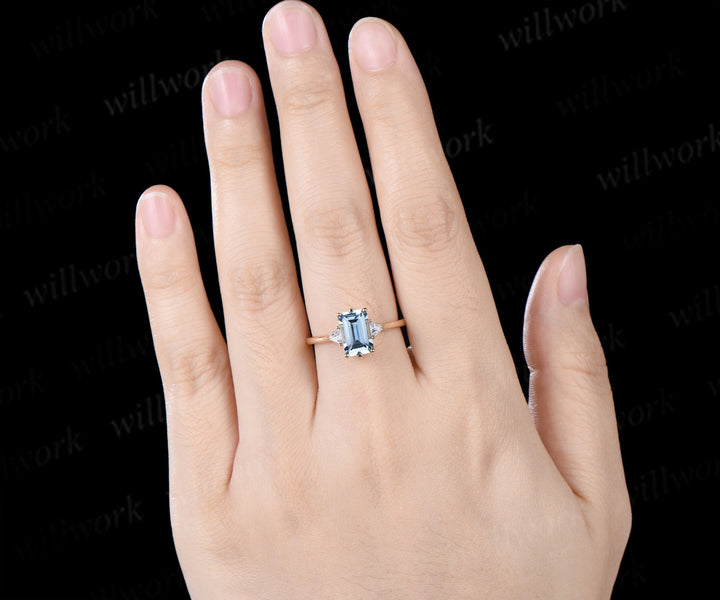 Emerald Cut Aquamarine Engagement Ring Minimalist 6 Prong Three Stone Trilliant Cut Moissanite Ring March Birthstone Jewelry Gifts