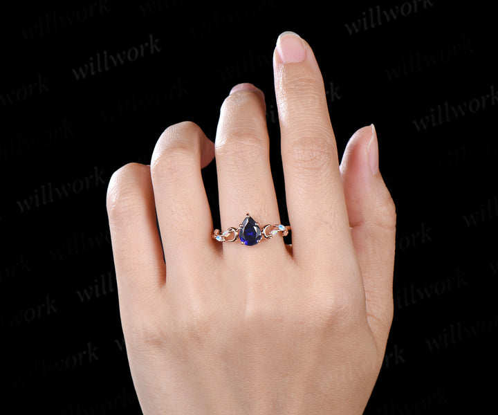 6x9mm pear cut blue sapphire engagement ring unique art deco moon leaf marquise opal moonstone promise ring jewelry gifts for women