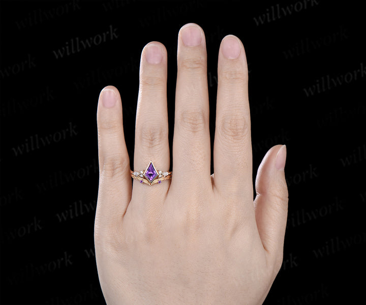Kite cut amethyst engagement ring bezel setting seven stone ring leaf amethyst matching band bridal set