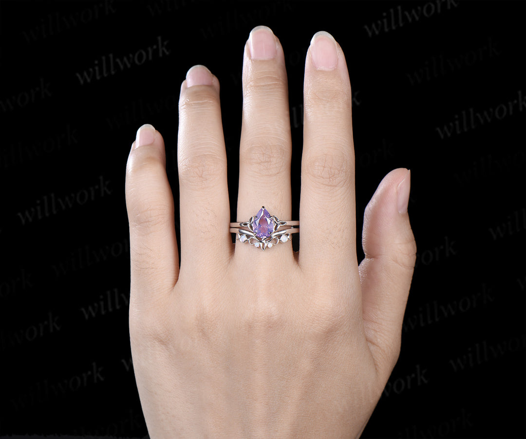 Unique pear lavender amethyst engagement ring set Celtic Knot Norse Viking ring band vintage moissanite wedding ring set