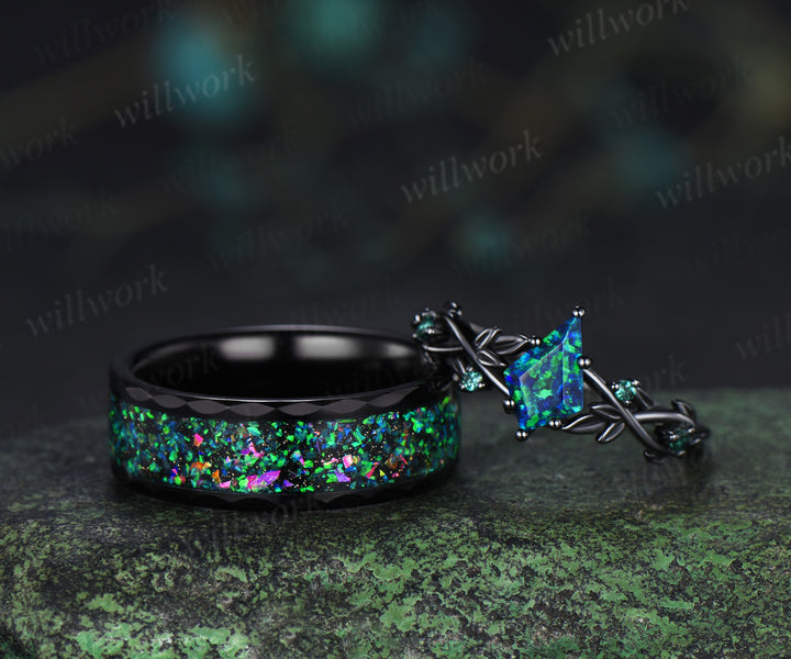 Kite Cut Black Opal Twig Leaf Ring & Tungsten Black Opal Inlay Hammered Mens Ring His & Her Couple Rings