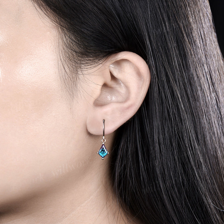 Kite cut alexandrite drop earrings solitaire minimalist earring hooks June birthstone jewelry gifts