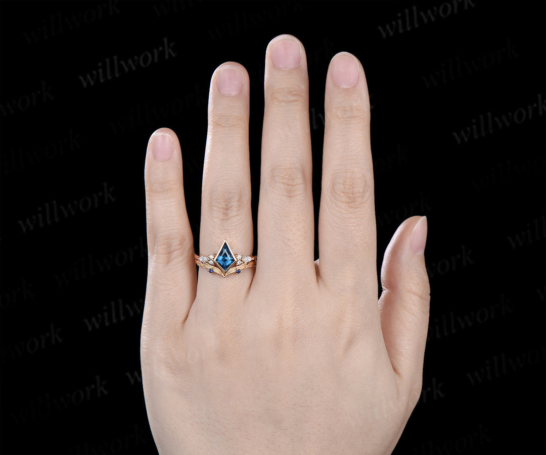 Kite cut London blue topaz engagement ring bezel setting seven stone ring leaf sapphire matching band bridal set