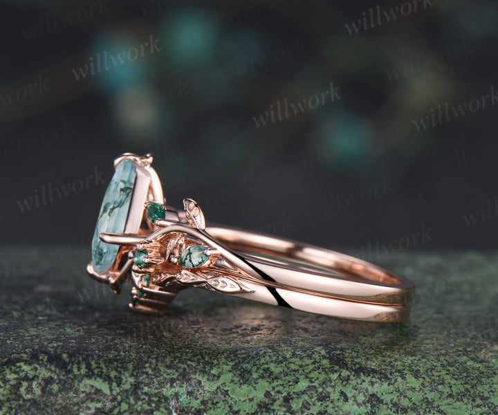 Vintage kite cut moss agate engagement ring set leaf marquise emerald moss agate ring wedding band nature inspired bridal set