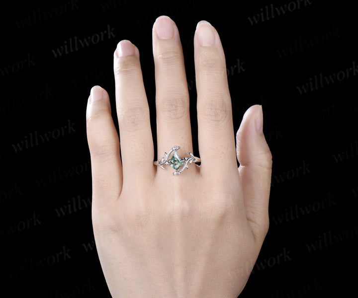 Kite Cut Moss Agate Snake Ring Marquise Diamond Leaf Vine Nature Inspired Ring