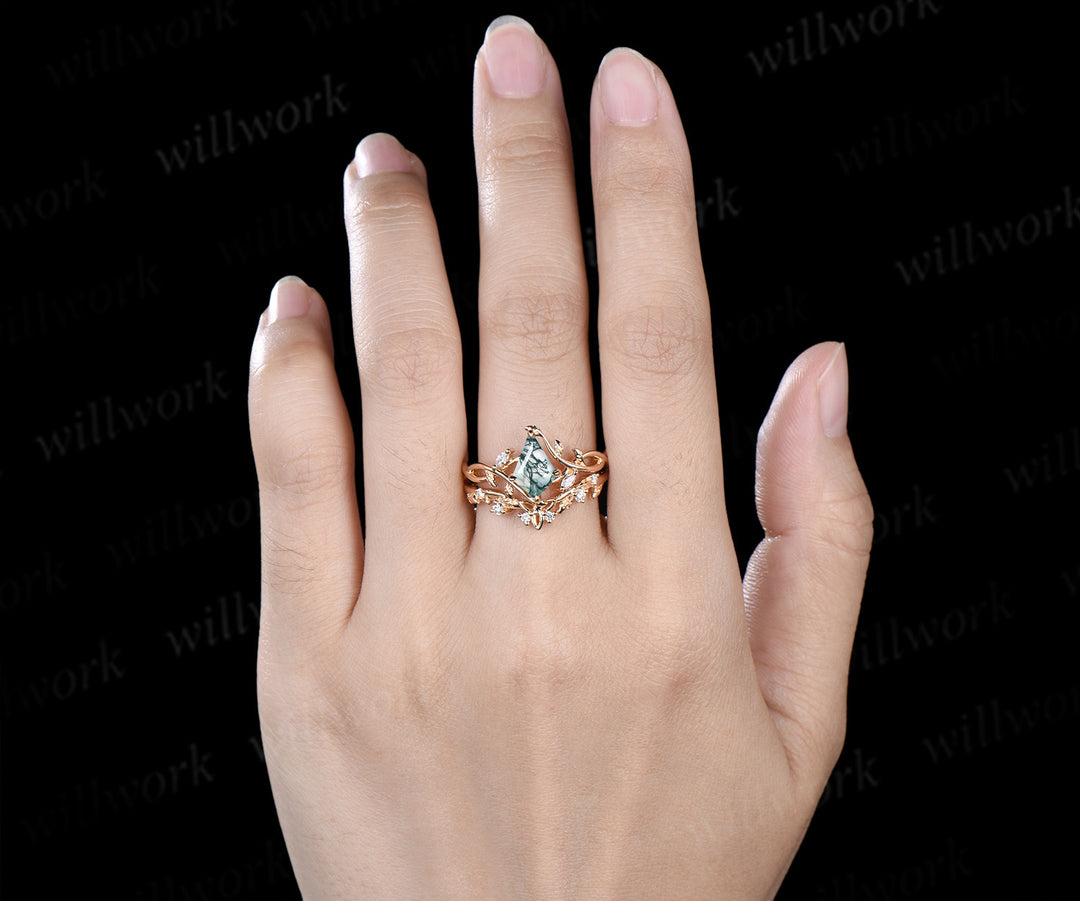 Kite cut natural moss agate infinity engagement ring set split shank moissanite leaf ring celtic knot wedding band bridal set