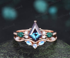 Kite cut Alexandrite engagement ring marquise cut emerald ring moostone opal wave wedding band unique wedding ring set