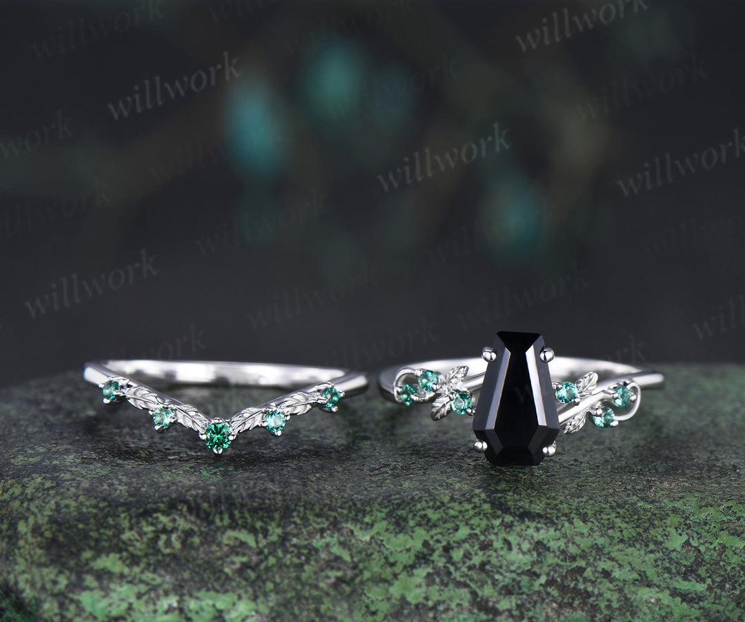 Coffin cut natural black onyx engagement ring set leaf inspired emeralds accent ring wedding band unique bridal set