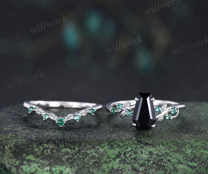 Coffin cut natural black onyx engagement ring set leaf inspired emeralds accent ring wedding band unique bridal set