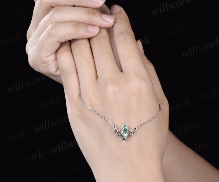 Unique coffin shaped natural moss agate necklace leaf twig nature inspired marquise moss agate emerald pendant necklace gifts