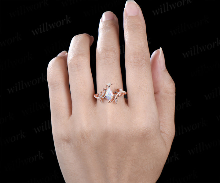 Kite cut opal ring vintage rose gold half eternity diamond branch leaf unique engagement ring for women retro anniversary gift