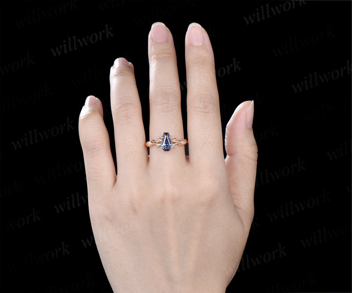 Coffin cut alexandrite engagement ring leaf infinity star accent diamond ring vine branch anniversary ring