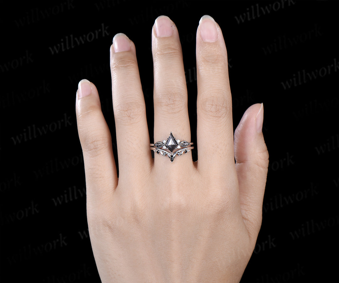 Kite cut salt and pepper diamond engagement ring set marquise black rutilated quartz seven stone ring black spinels wedding band unique bridal set
