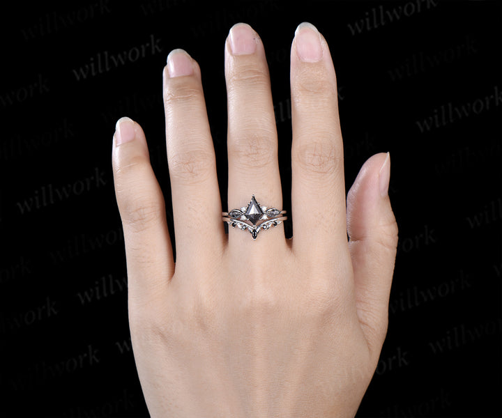 Kite cut salt and pepper diamond engagement ring set marquise black rutilated quartz seven stone ring black spinels wedding band unique bridal set