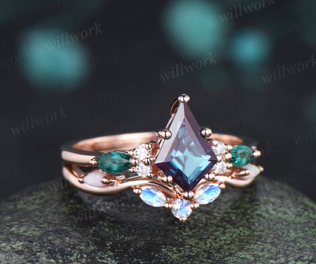 Kite cut Alexandrite engagement ring marquise cut emerald ring moostone opal wave wedding band unique wedding ring set