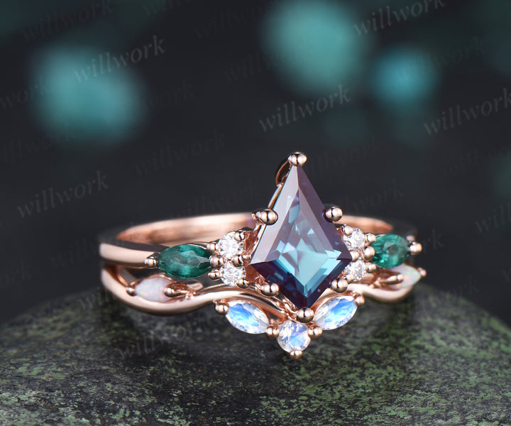 Kite cut Alexandrite engagement ring marquise cut emerald ring moostone opal wave wedding band unique wedding ring set