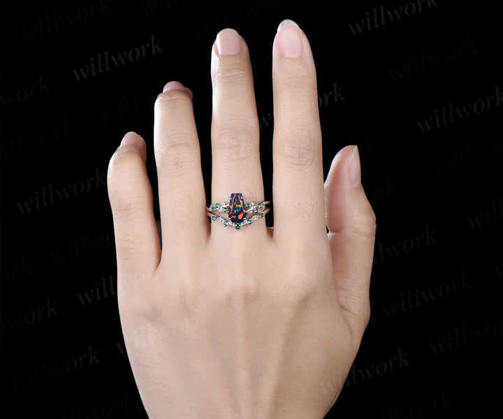Unique coffin black fire opal engagement ring set leaf inspired emeralds accent ring wedding band nature inspired bridal set