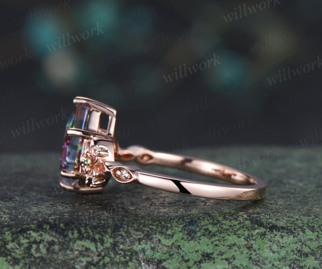 Kite cut rainbow topaz floral ring emerald moissanite diamond engagement ring magical topaz proposal ring crystal jewelry