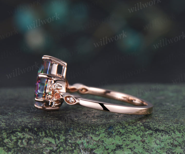 Kite cut rainbow topaz floral ring emerald moissanite diamond engagement ring magical topaz proposal ring crystal jewelry