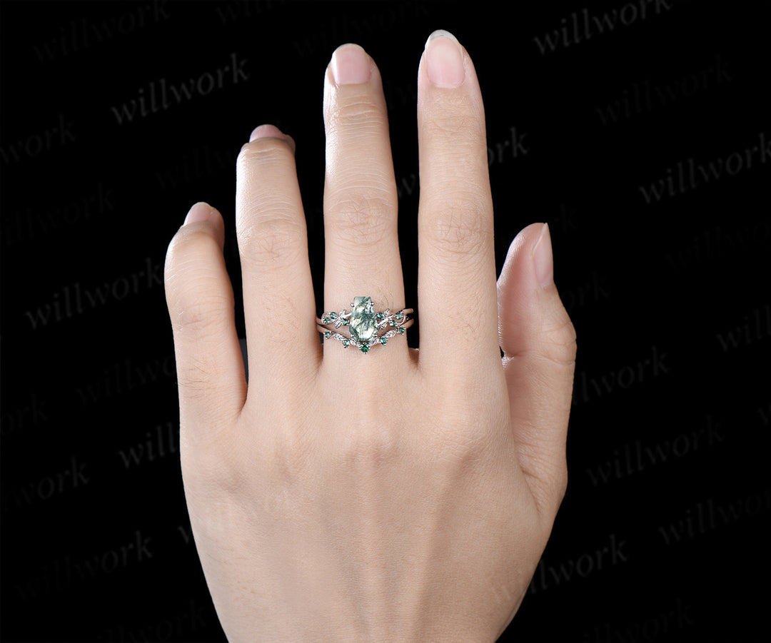 Unique coffin cut natural moss agate engagement ring set leaf inspired emeralds accent ring matching band bridal set
