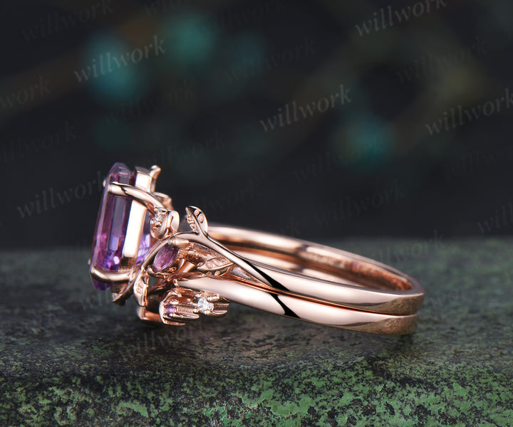 Coffin purple amethyst ring set marquise amethyst moissanite moon ring leaf band nature inspired bridal set