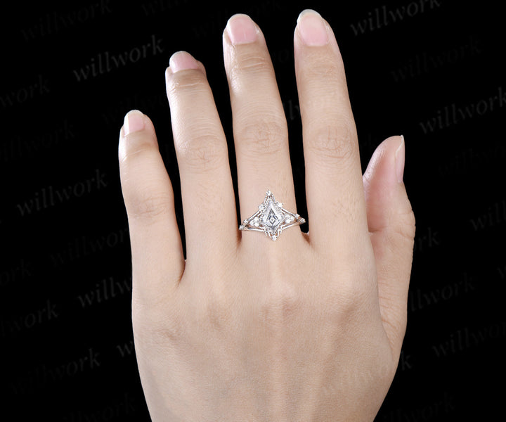 Kite cut moissanite engagement ring retro milgrain moissanite cluster ring unique spilt shank wedding ring