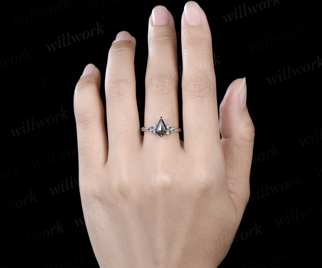 Kite cut salt and pepper diamond engagement ring celtic knot black diamonds twisted wedding ring unique promise ring
