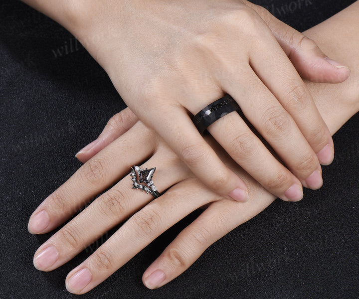Kite Cut Black Rutilated Quartz Engagement Ring Set & Black Tungsten Hammered Mens Ring His & Her Couple Rings