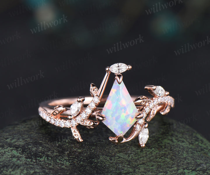 Kite cut opal ring vintage rose gold half eternity diamond branch leaf unique engagement ring for women retro anniversary gift