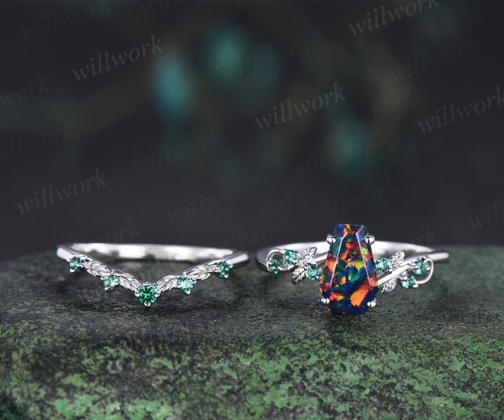 Unique coffin black fire opal engagement ring set leaf inspired emeralds accent ring wedding band nature inspired bridal set