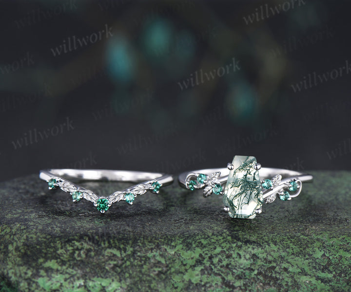 Unique coffin cut natural moss agate engagement ring set leaf inspired emeralds accent ring matching band bridal set