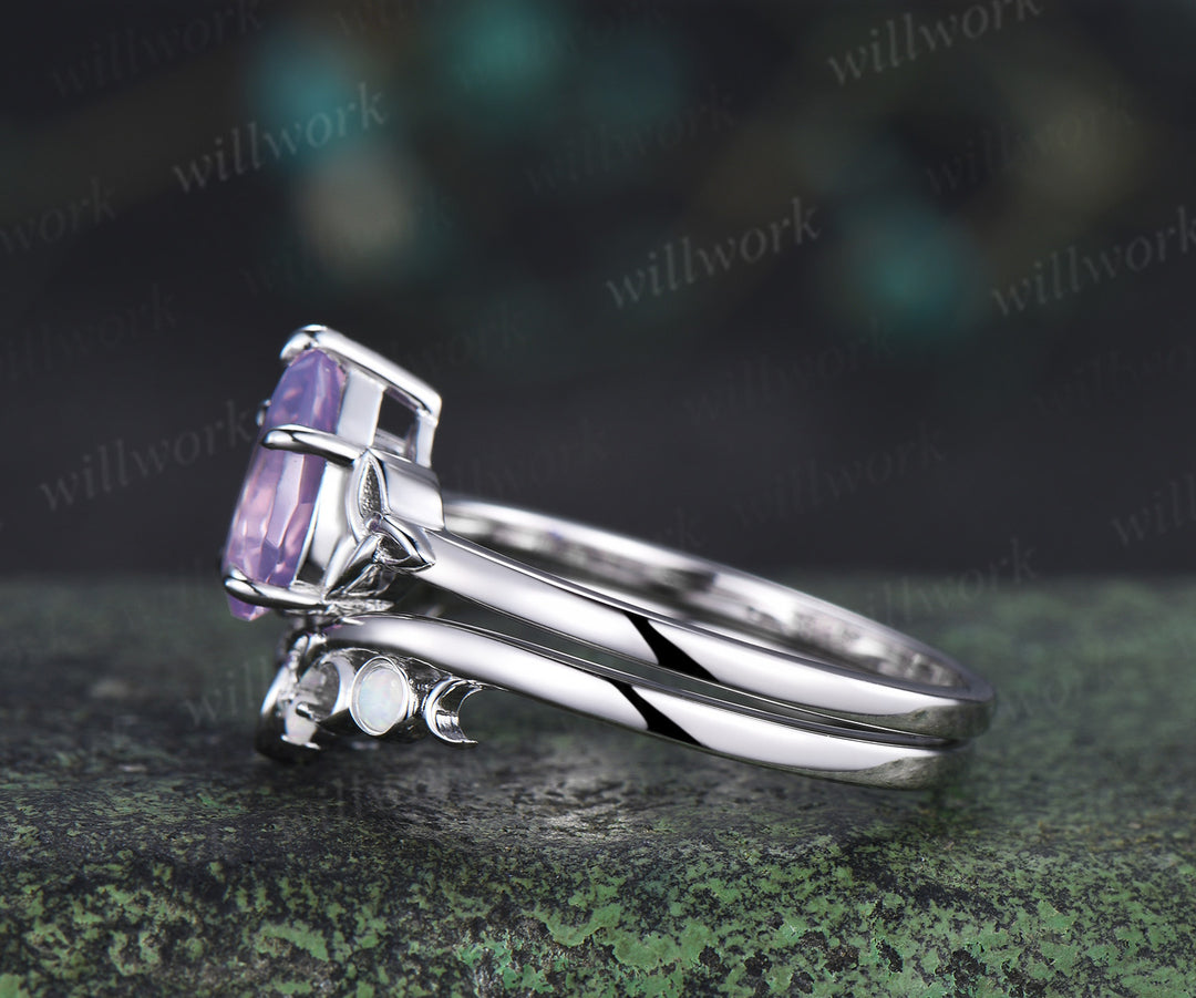 Unique pear lavender amethyst engagement ring set Celtic Knot Norse Viking ring band vintage moissanite wedding ring set