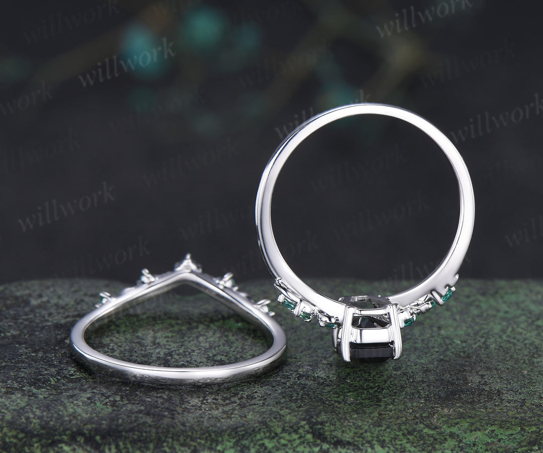 Coffin cut natural black onyx engagement ring set leaf inspired emeralds accent ring wedding band unique bridal set